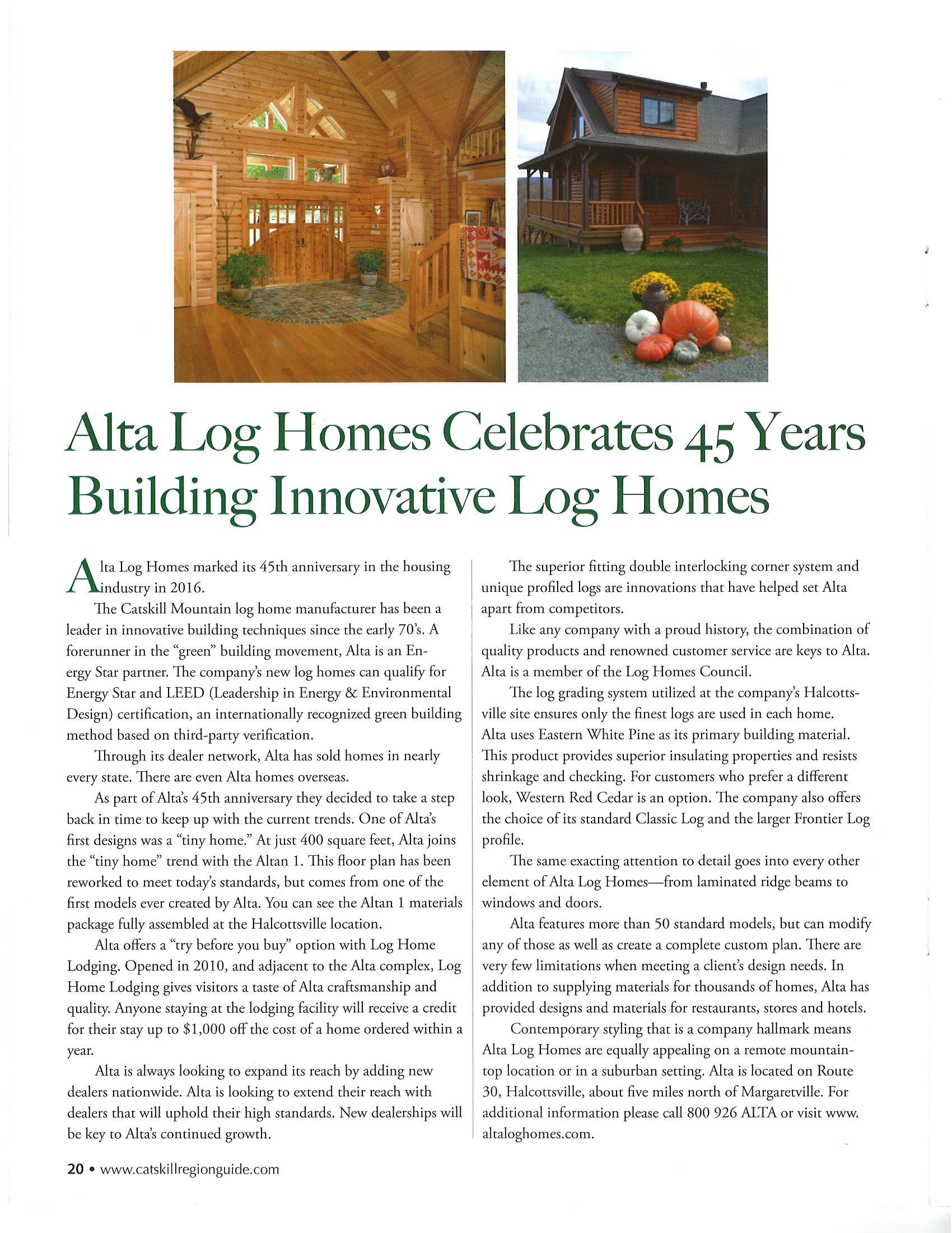 Alta Log Homes Celebrates 45 Years November 2016